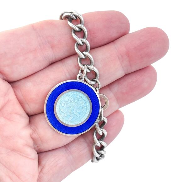 Vintage Sterling Silver 925 Blue St. Christopher Medal Charm Bracelet 7.5" - Picture 1 of 7